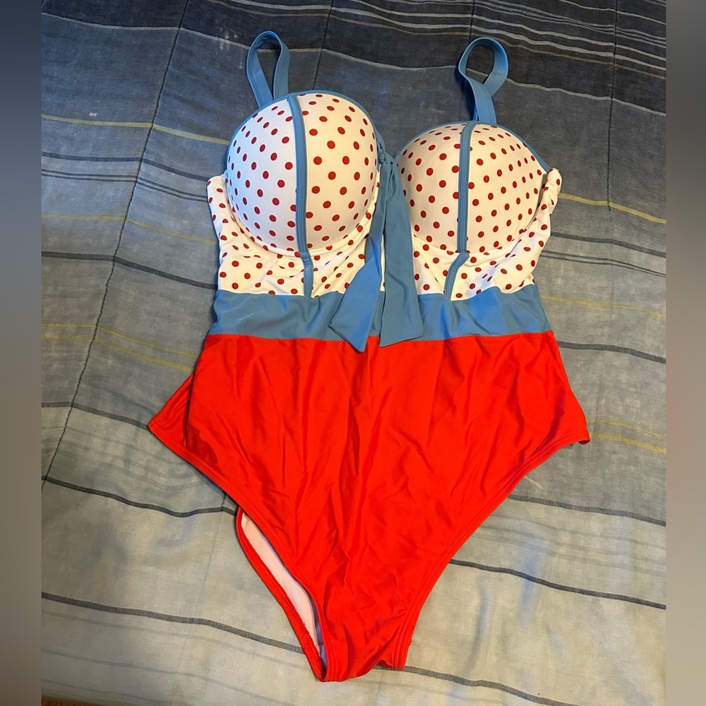Unique Vintage Red, Blue & White Polka Dot One-Piece Swimsuit - Picture 3 of 6
